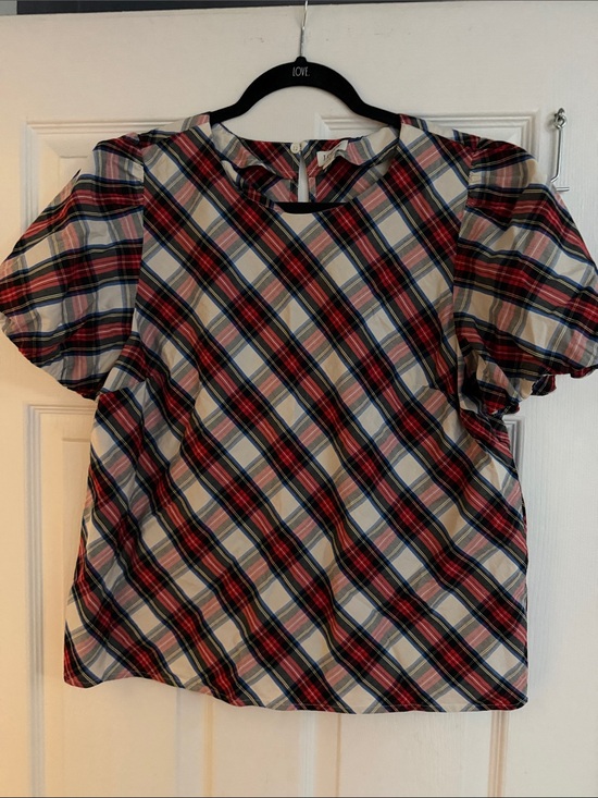 J. Crew Tops - J. Crew Diagonal Plaid Puff-Sleeve Blouse - Red, Blue & White
